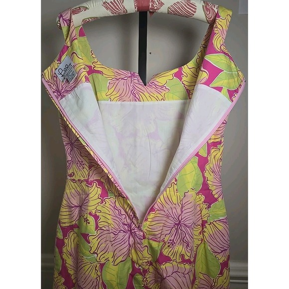 LILLY PULITZER Womens 4 Dress Pink Hibiscus Tropical Lined Sleevelss Cotton Zips - Picture 11 of 12